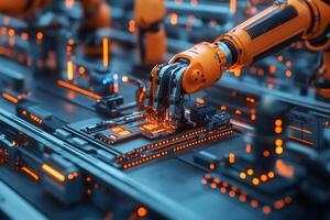 Robotic arm assembling electronic components on circuit board in futuristic factory photo