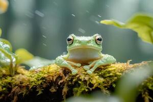 Green tree frog resting on mossy branch during rain photo
