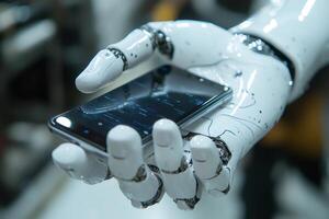 Robotic hand holding smartphone with futuristic software displaying on screen photo