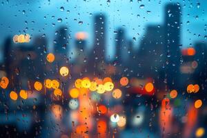 Rain falling on window with city skyline in background photo