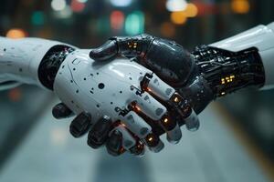 Two robot hands shaking in a futuristic technological environment photo