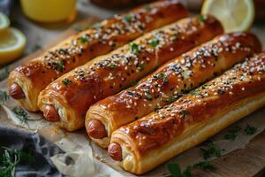 Sausage rolls topped with sesame and herbs resting on baking paper photo