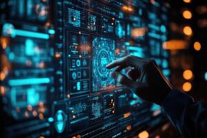 Hand touching futuristic holographic interface, managing and analyzing big data photo