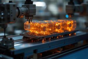 Robotic arm working on illuminated transparent objects in factory setting photo