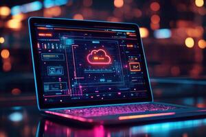 Cloud computing futuristic interface on laptop screen displaying data and information in neon colors photo