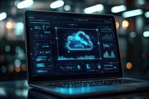Cloud computing futuristic interface displaying on laptop screen in dark room photo