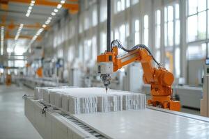 Robotic arm working on building material in a modern factory photo