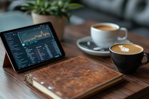Trader drinking coffee and analyzing cryptocurrency charts on tablet in cafe photo