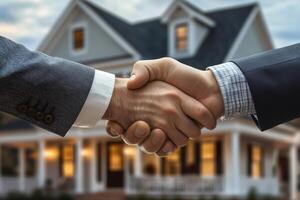 Real estate agents shaking hands in front of house photo