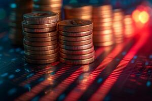 Cryptocurrency coins stacked on financial chart showing red numbers indicating loss photo