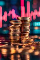 Stacks of gold coins reflecting on surface with stock market graph showing decrease in background photo