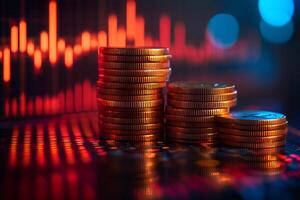 Stacks of gold coins showing decrease with red stock market graph showing crisis photo