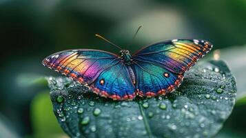Iridescent butterfly resting on wet leaf in lush rainforest photo