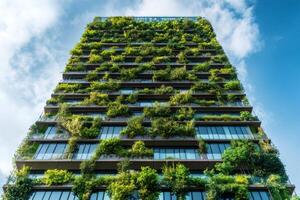 Modern green building showing sustainable architecture with plants growing on facade photo