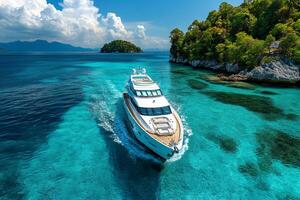 Luxury yacht sailing in crystal clear turquoise tropical waters photo