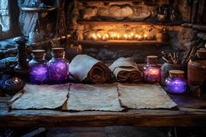 Alchemist preparing magic potion with mysterious formula in his workshop photo