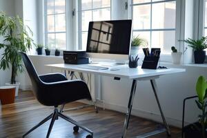 Modern home office setup with computer and printer displaying remote work concept photo