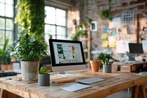 Modern office interior design with computer showing creative project on screen photo