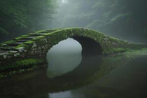 Mossy stone bridge reflected in the calm waters of a misty forest river photo