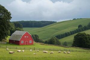 Sheep grazing in green field near red barn and rolling hills photo