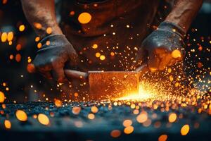 Blacksmith forging metal with hammer on anvil creating sparks in workshop photo