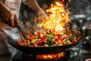 Chef cooking vegetables in wok with flames and steam photo