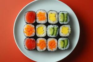 Delicious sushi rolls with tuna, cucumber, eggs and salmon eggs creating colorful pattern on white plate photo