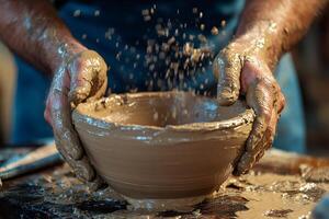 Potter working clay making ceramic bowl in workshop photo
