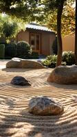 Sunlight filtering through trees onto a serene zen garden photo