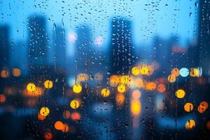 Rain falling on window with city lights in background photo