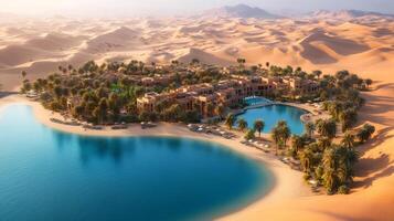 Luxurious hotel resort with swimming pool emerging from the sand dunes in the desert photo