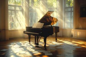 Grand piano illuminating by sunlight in elegant room with scattered sheet music.. photo