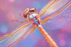 Colorful dragonfly showing its beautiful wings with dewdrops on a colorful background photo