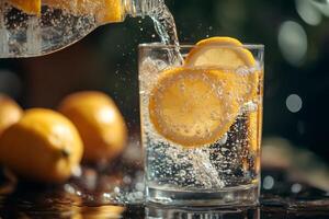 Sparkling water pouring into glass with lemon slices, creating refreshing summer drink photo