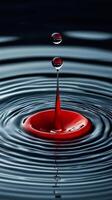 Red water droplet splashing and creating concentric ripples photo