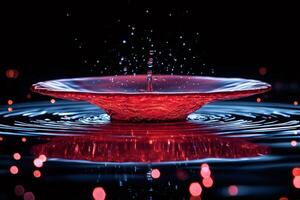 Red water drop splashing, creating a crown and ripples with bokeh effect photo