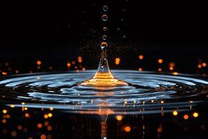 Water droplet splashing creating concentric ripples with orange bokeh lights photo