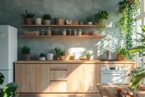Modern kitchen interior design with wooden cabinets and open shelving displaying plants and food photo