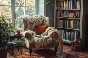Cozy reading nook invites relaxation with warm blanket and books by window photo