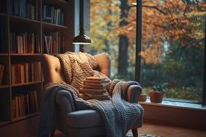 Cozy reading nook overlooking autumn scenery with books and warm blanket photo