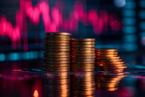 Gold coins stacking up representing increasing profit with stock market graph showing decrease in background photo