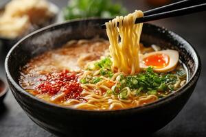 Chopsticks lifting noodles from steaming bowl of ramen photo