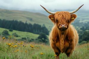 Highland cow standing in a field with hills in the background photo
