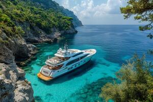 Luxurious yacht anchored in serene turquoise cove photo