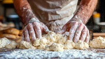 Baker kneading dough on floured wooden table in bakery photo
