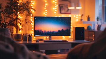 Cozy home office setup with computer displaying starry night sky over city skyline photo