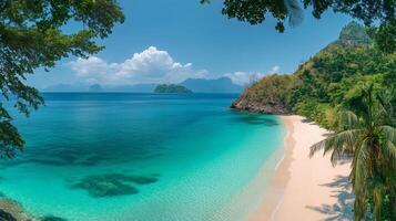 Tropical white sand beach and turquoise water framed by lush vegetation in coron, palawan photo
