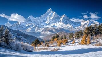 Snow covered yangmaiyong holy mountain with autumn trees and blue sky in yading nature reserve, sichuan, china photo