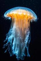 Glowing jellyfish floating in dark water with sparkling particles photo