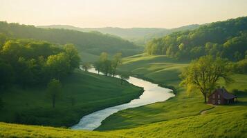 Winding river flowing through green hills at sunset with cozy farmhouse photo